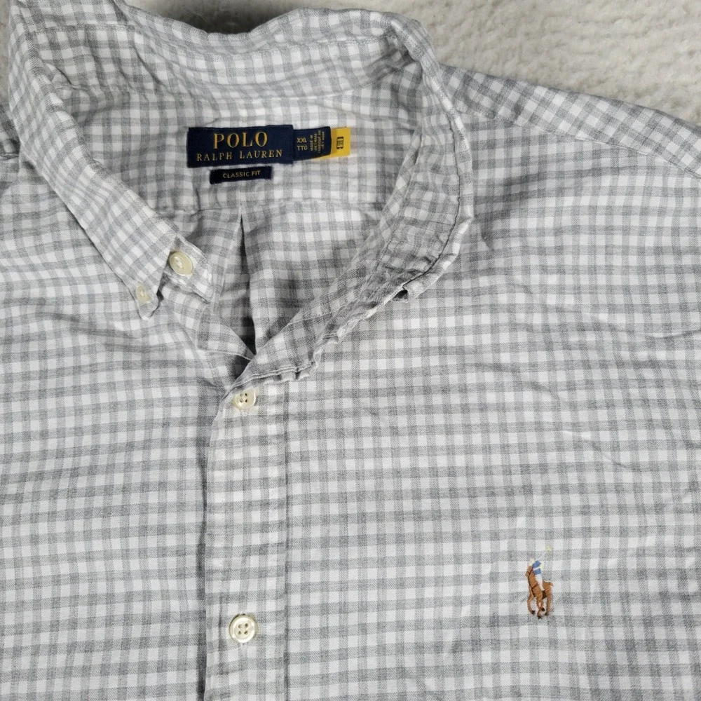 Polo Ralph Lauren Shirt Mens XXL Grey White Gingham Classic Fit Long Sleeve Pony